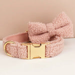 Blush pink teddy dog collar with gold metal buckle and engraved ID plate