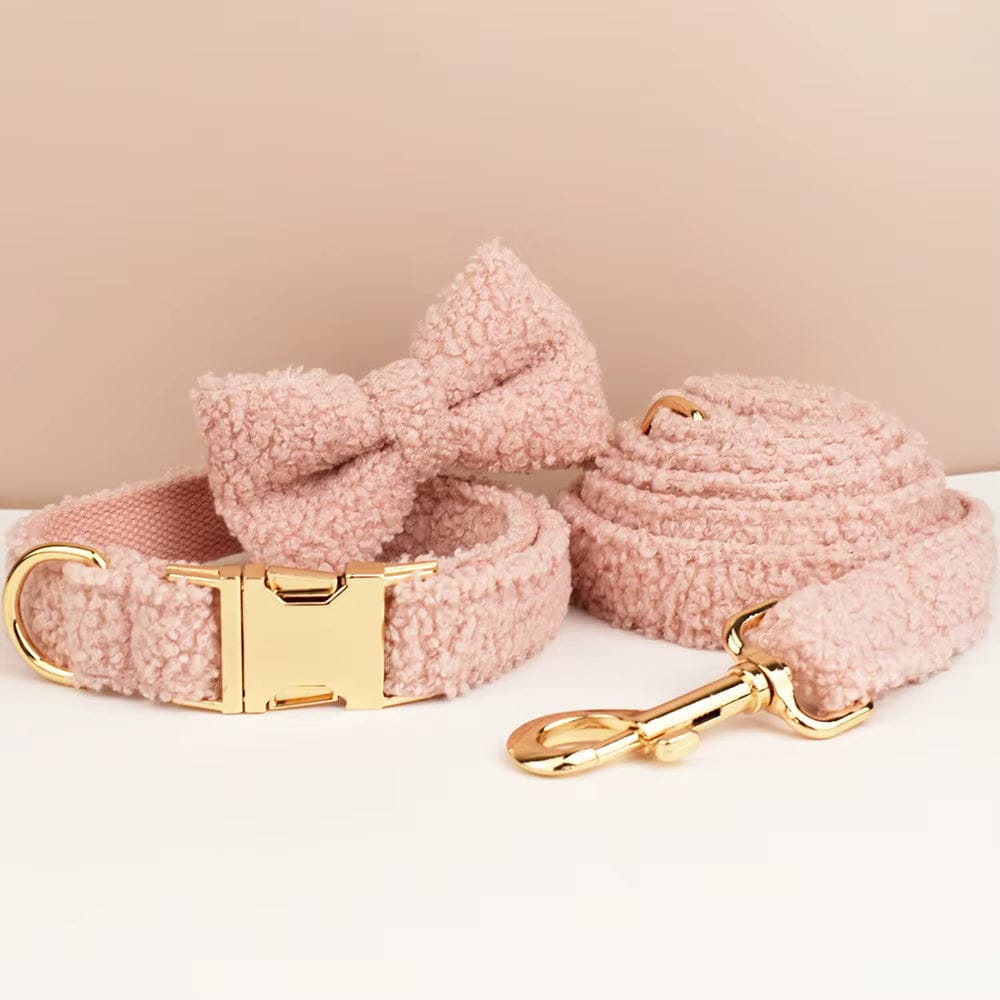 Pink teddy plush dog bowtie set with matching collar and leash, gold hardware