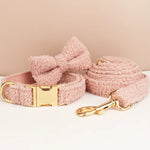Pink teddy plush dog bowtie set with matching collar and leash, gold hardware