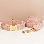 Pink teddy plush dog collar and matching leash with gold hardware, side view