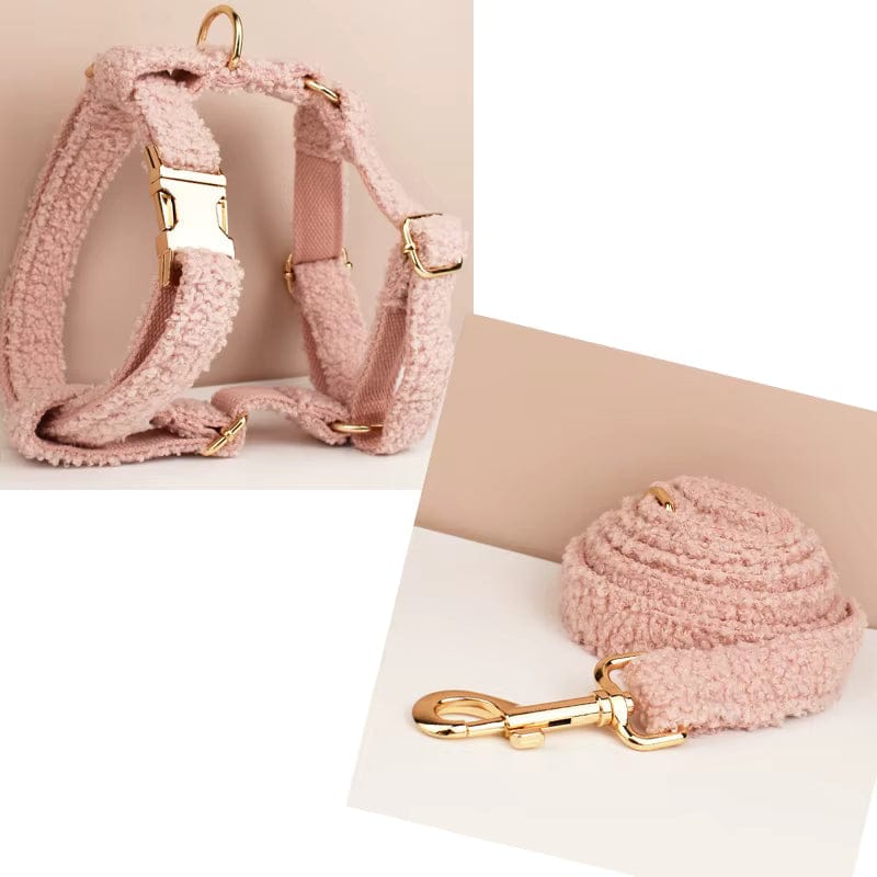 Pink teddy plush dog harness and collar/leash set with gold rings and buckles