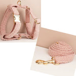 Pink teddy plush dog harness and collar/leash set with gold rings and buckles