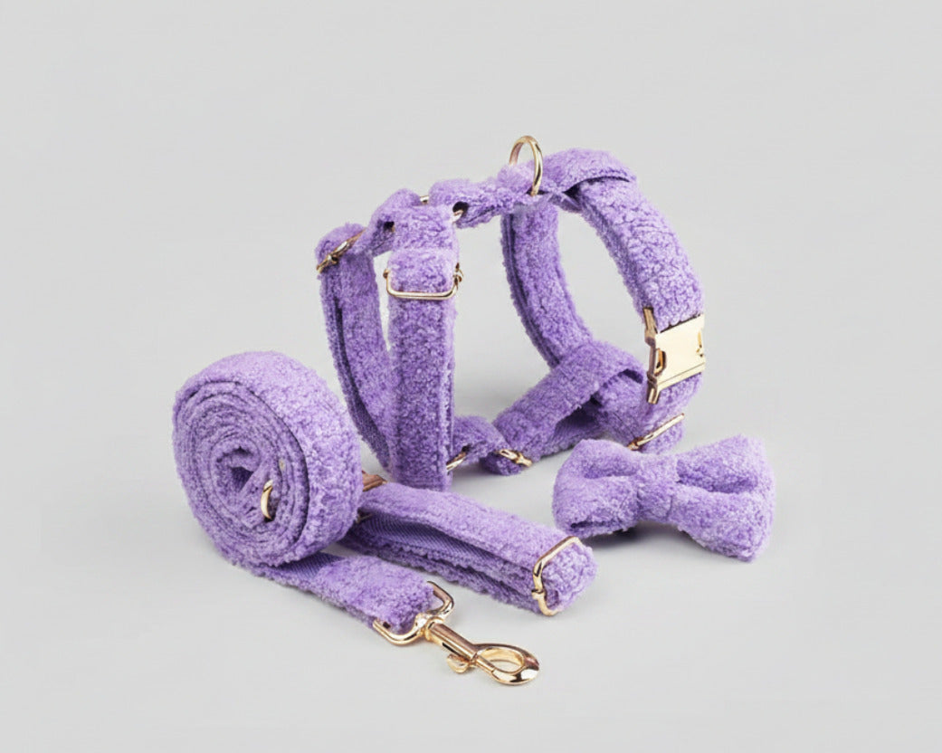 Purple teddy harness with rolled leash and bowtie, gold clips and rings