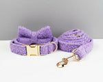 Purple teddy plush harness set with collar and leash, gold buckles and D-ring clips