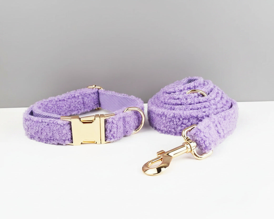 Purple teddy collar with gold buckle and matching leash with spring clasp