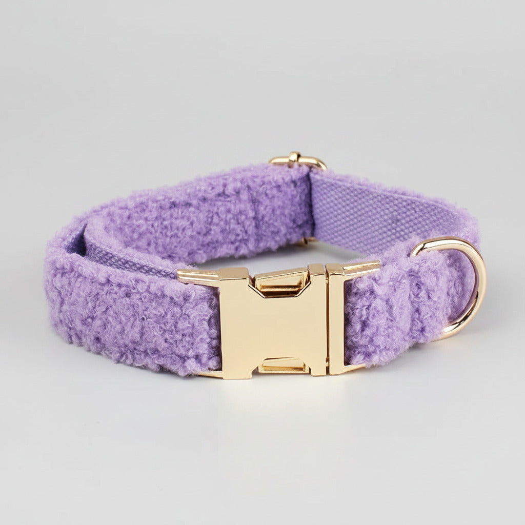 Purple teddy dog collar with bowtie detail and gold center ID plate hardware