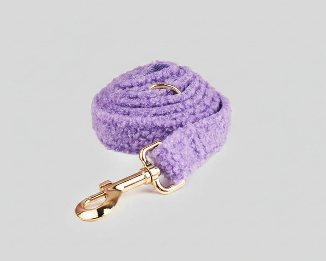 Purple teddy leash with gold metal swivel clasp and attachment rings