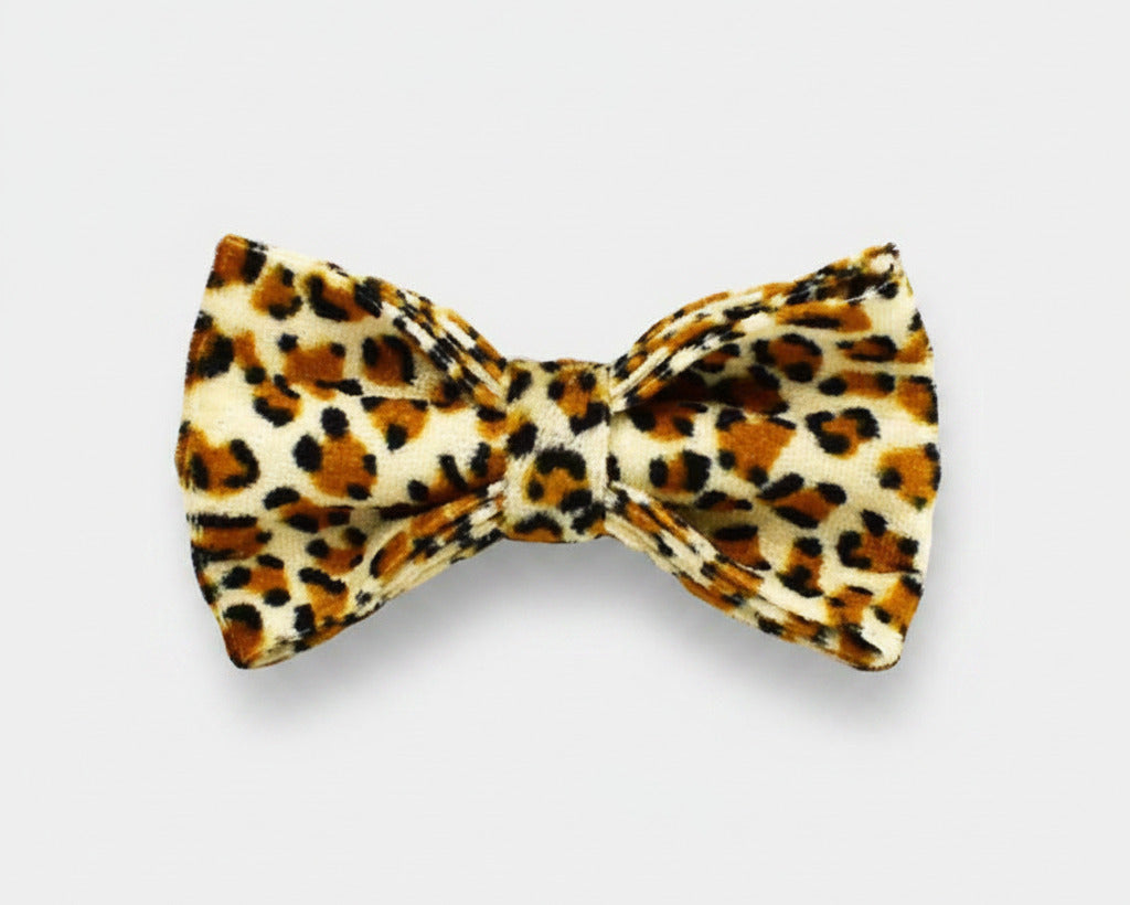 Velvet leopard bow tie accessory with bow and center knot