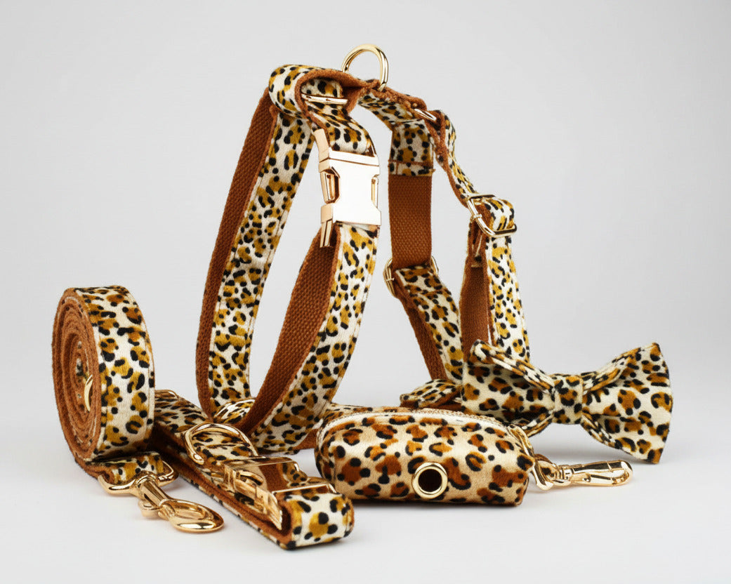 Velvet leopard harness, leash, and rolled poop bag with matching bow tie