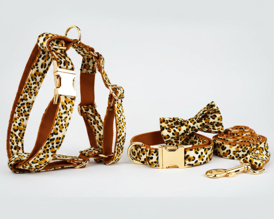 Velvet leopard harness set with bow tie collar, leash, and matching accessories