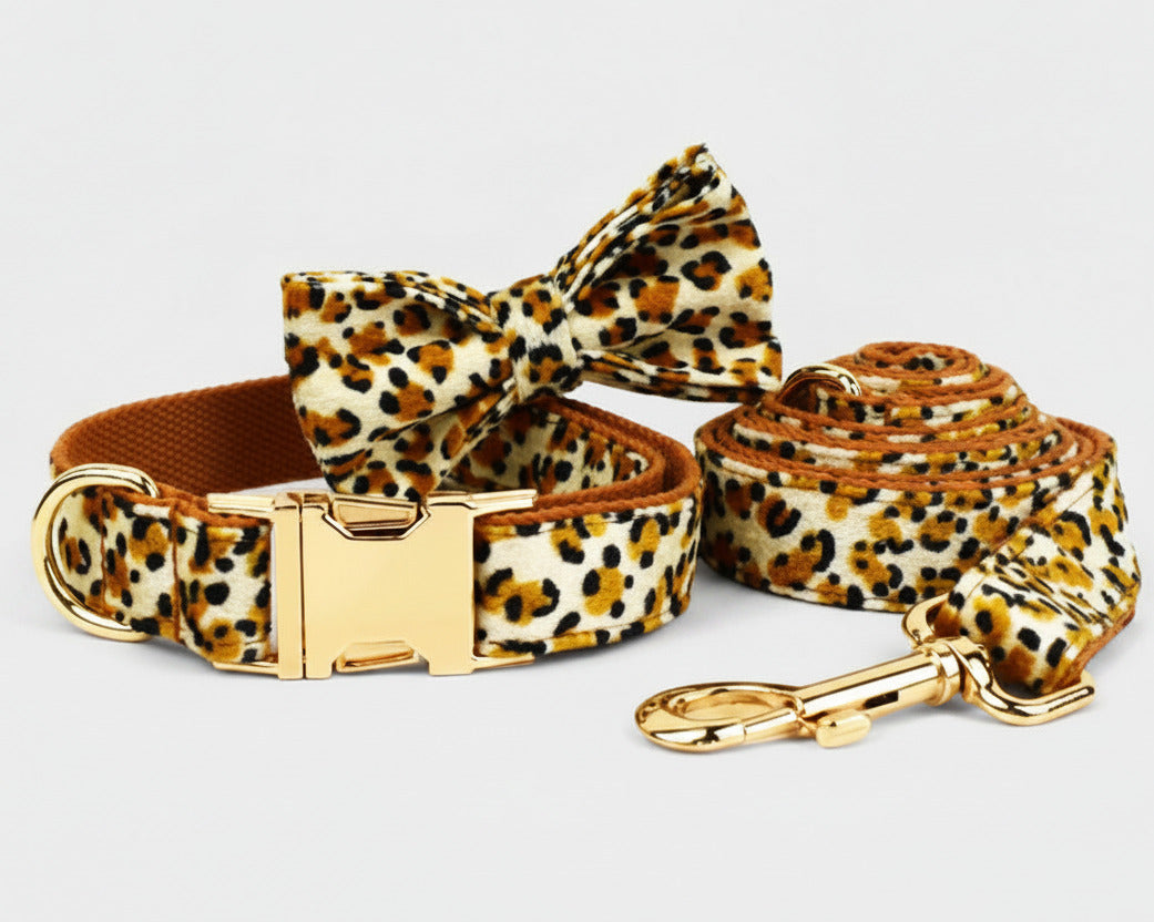 Velvet leopard collar with metal buckle, bow tie, leash, and rolled poop bag