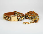 Velvet Leopard Collar+Leash Set: braunes Leopardenband, goldene Metallclips