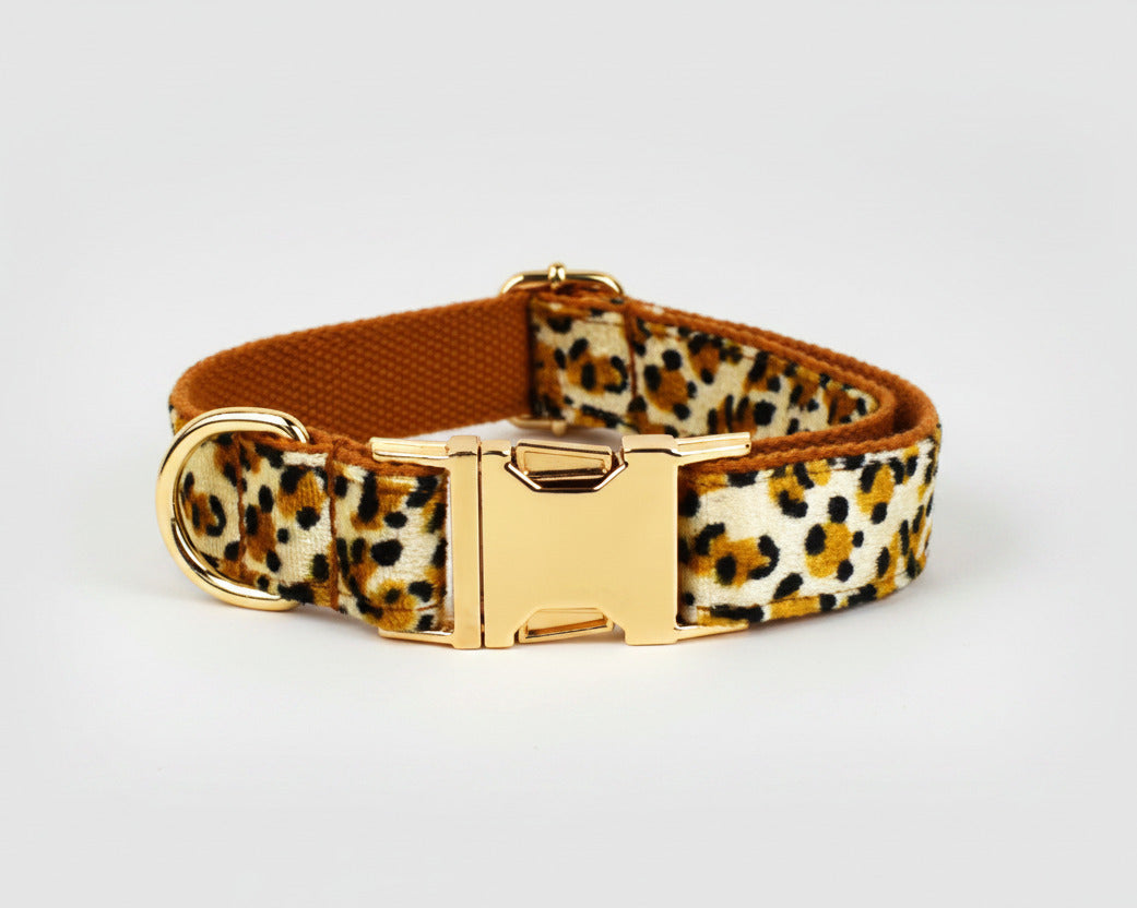 Velvet Leopard Halsband mit goldener Schnalle und Leinenöffnung, braun/Leopardenmuster