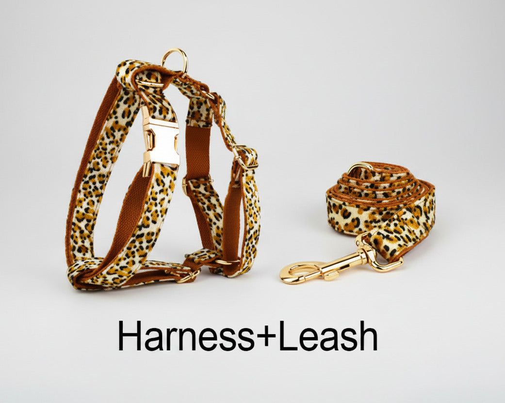 Velvet Leopard Harness+Leash Set mit goldenen Schnallen, braunes Leopardenmuster