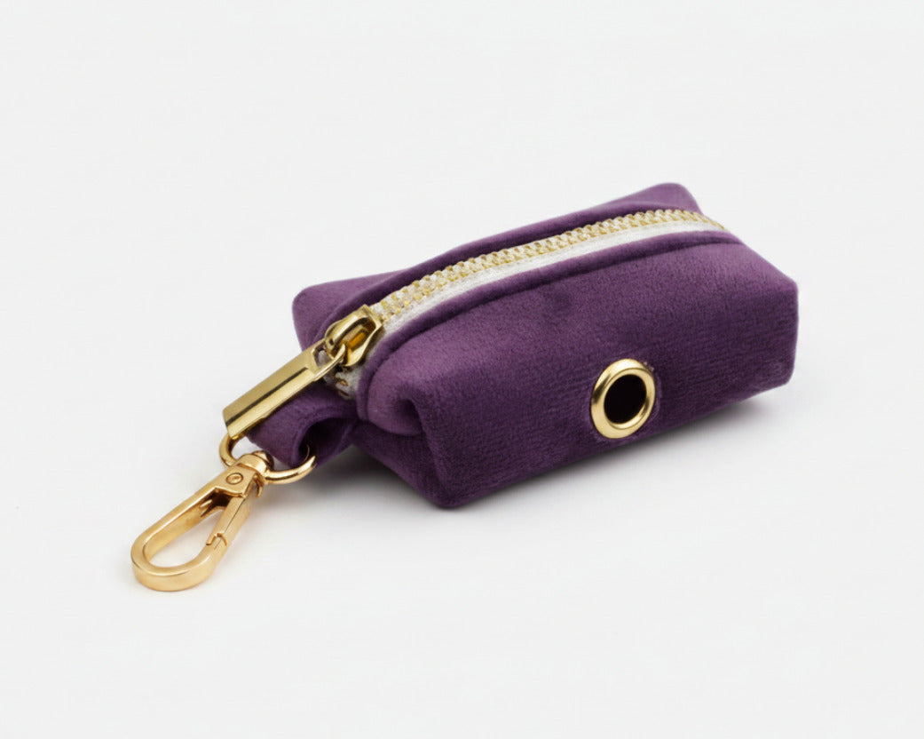 Velvet Purple poop bag pouch with gold zipper and clip