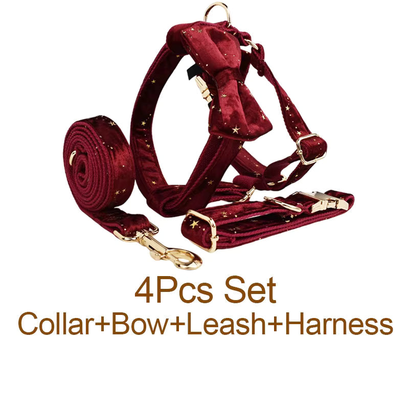 Velvet 4-piece pet set with collar, bow, leash, and harness; dark wine and gold stars