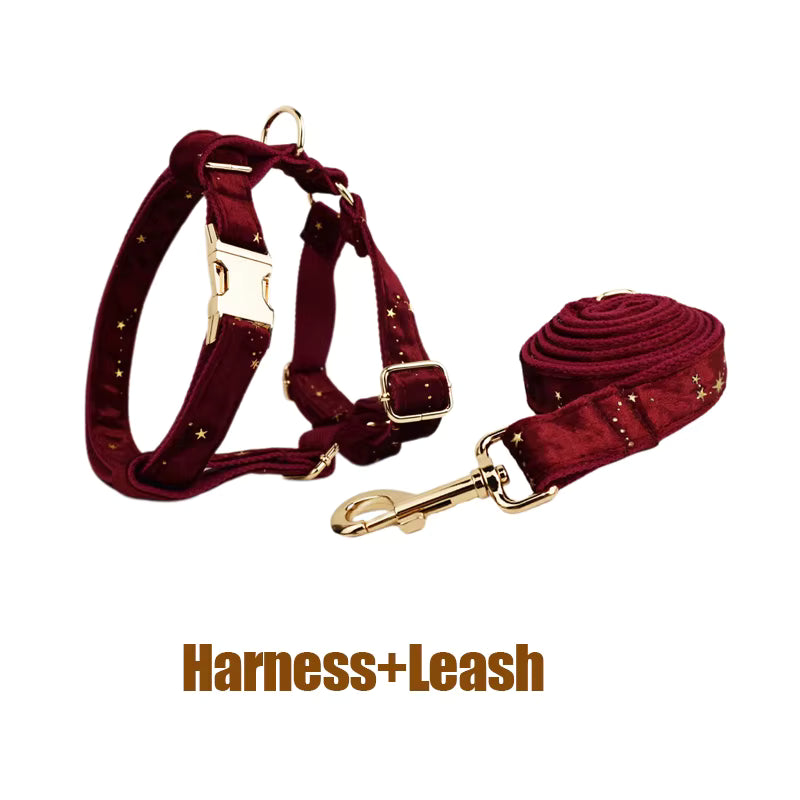 Velvet dog harness and matching leash in dark wine with gold star accents