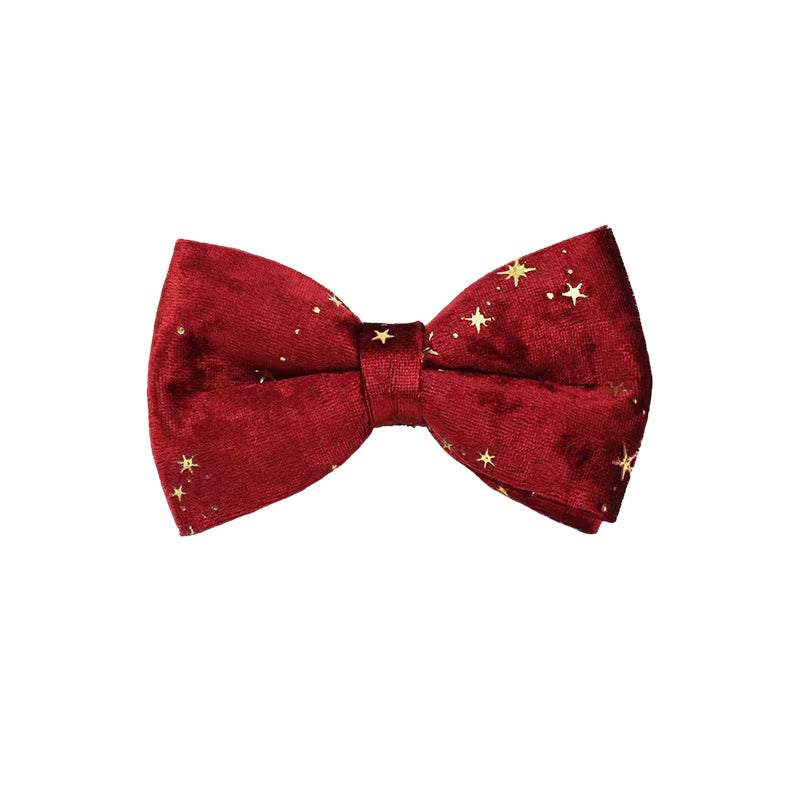 Velvet wine dog bow tie with gold star pattern