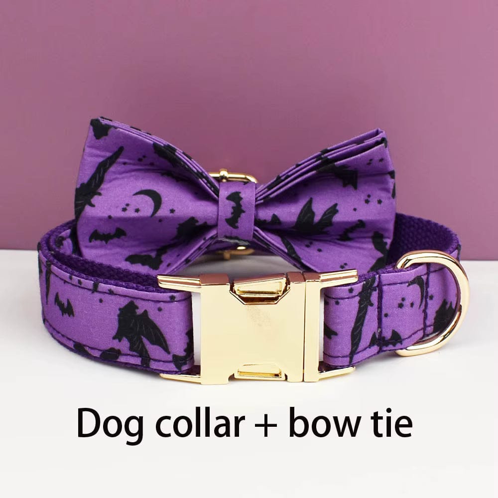 Purple bat-print dog collar with matching bow tie and gold nameplate buckle