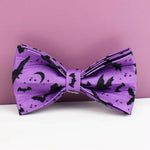 Purple dog bow tie with gold center and Halloween bat print