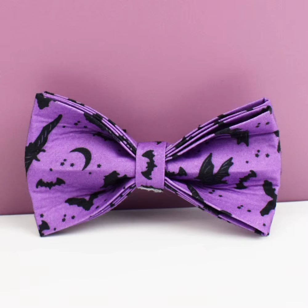 Purple dog bow tie with gold center and Halloween bat print