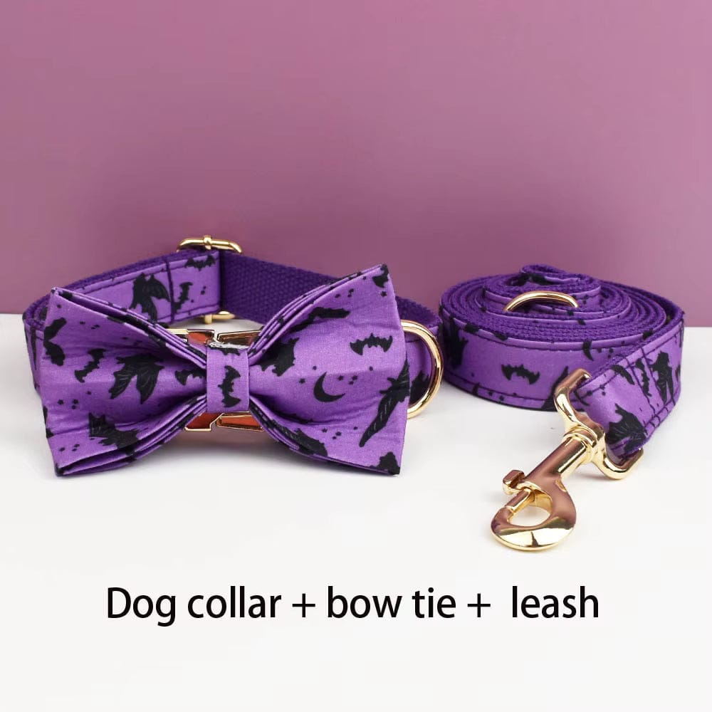Purple dog collar with bow tie and leash set, gold hardware, Halloween bat print