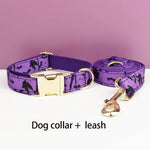 Purple dog collar and leash set with gold hardware and Halloween bat print