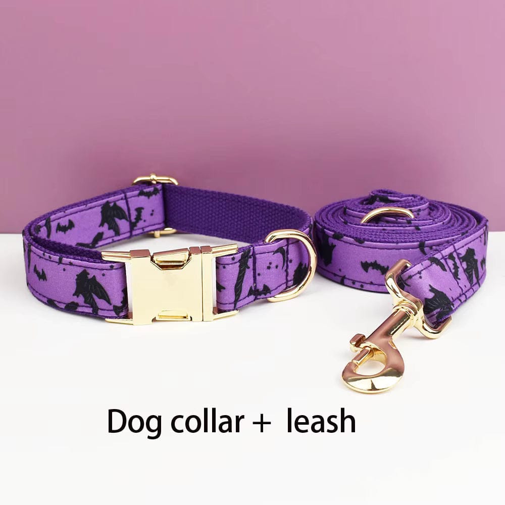 Purple dog collar and leash set with gold hardware and Halloween bat print