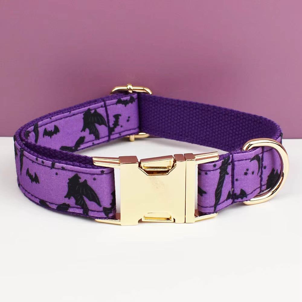Purple bat-print dog collar with gold buckle and leash ring hardware