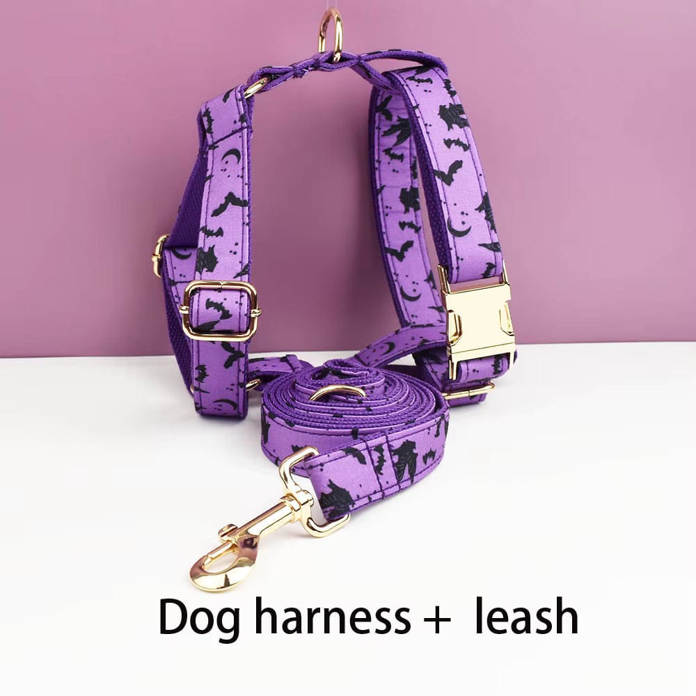 Purple dog harness and leash set with gold buckles and Halloween bat print