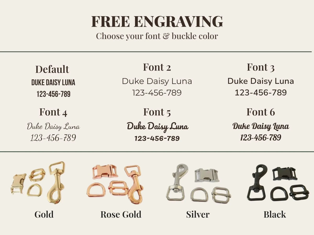 Engraving and buckle color options for brown plaid dog collar set