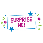 Colorful “SURPRISE ME!” banner with stars and confetti accents