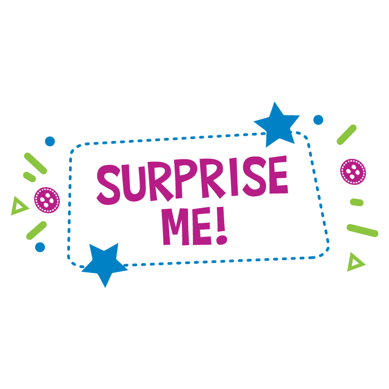 Colorful “SURPRISE ME!” banner with stars and confetti accents