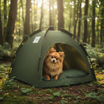 Pet tent bed with cushion in olive green, arched entrance, dog resting inside outdoors