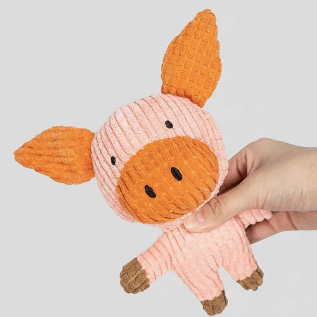 Plüsch-Schwein-Spielzeug für Hunde, rosa mit orangefarbenem Bauch und schwarzen Punkten