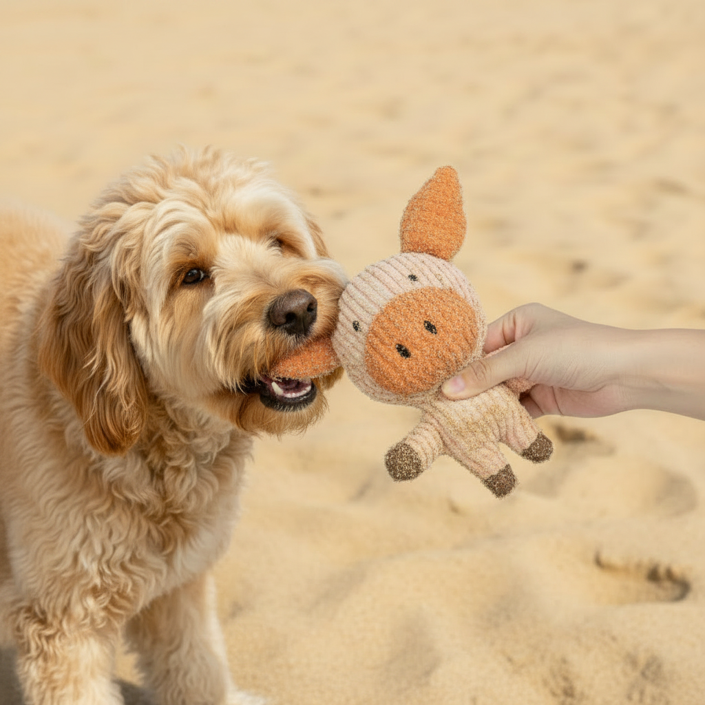 Plüsch-Schwein-Spielzeug: rosa Fell, orange Schnauze, schwarze Augen, wird vom Hund gehalten