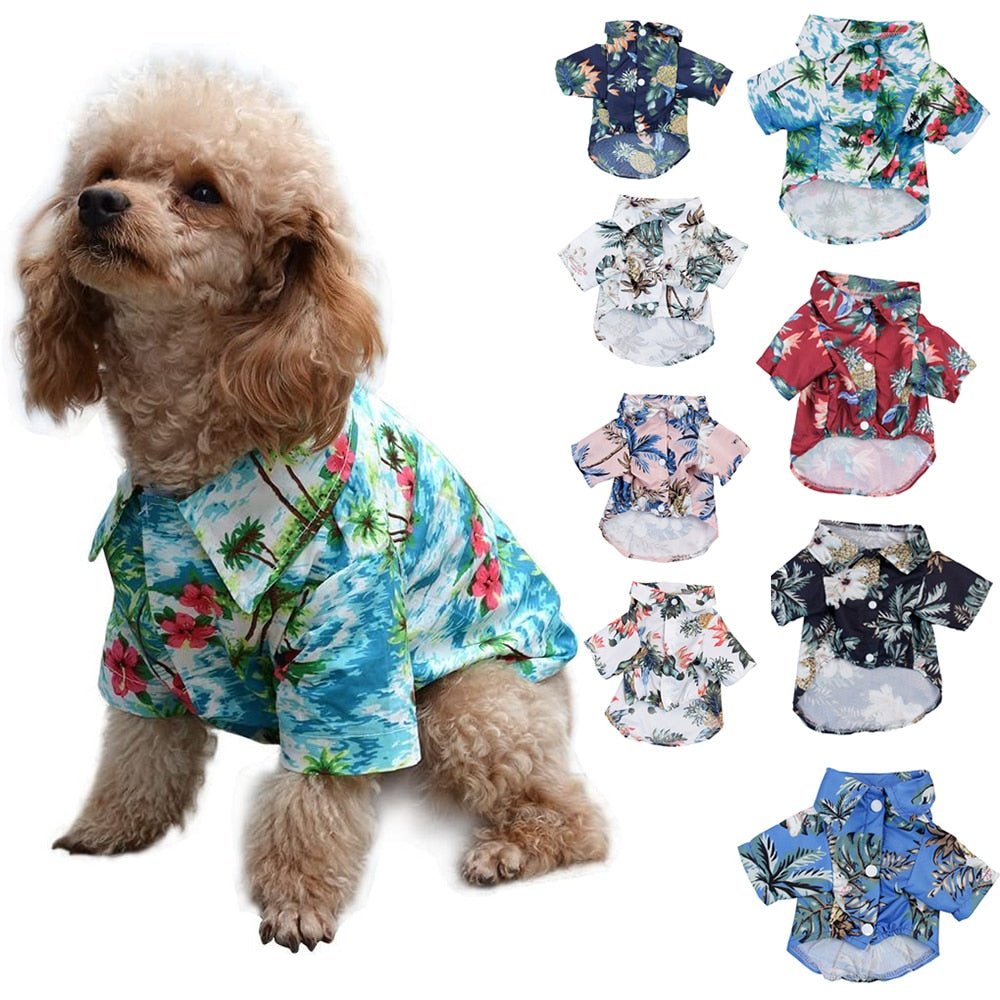 Pet shirt with tropical leaf and pineapple print in blue and turquoise, short sleeves