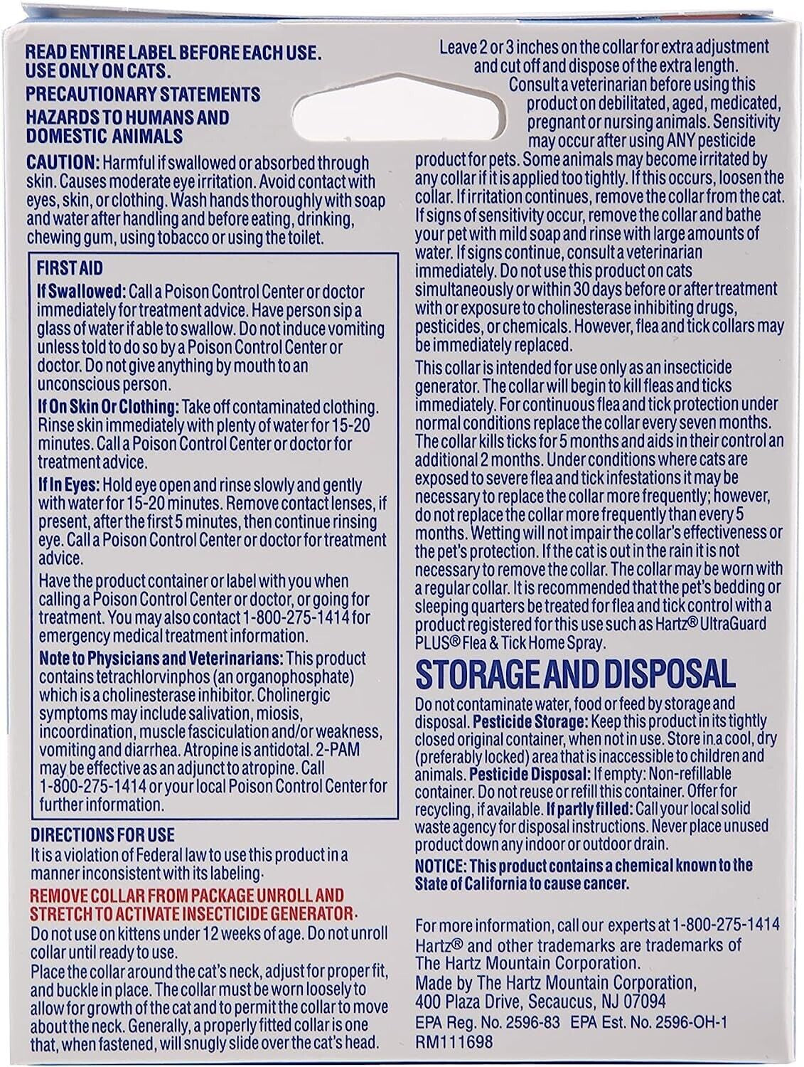 Flea and tick collar package back panel with usage, storage, and warning text