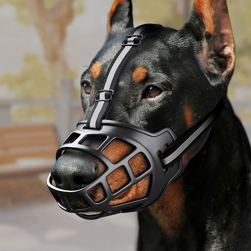 Black anti-bite dog muzzle with metal cage and adjustable neck straps