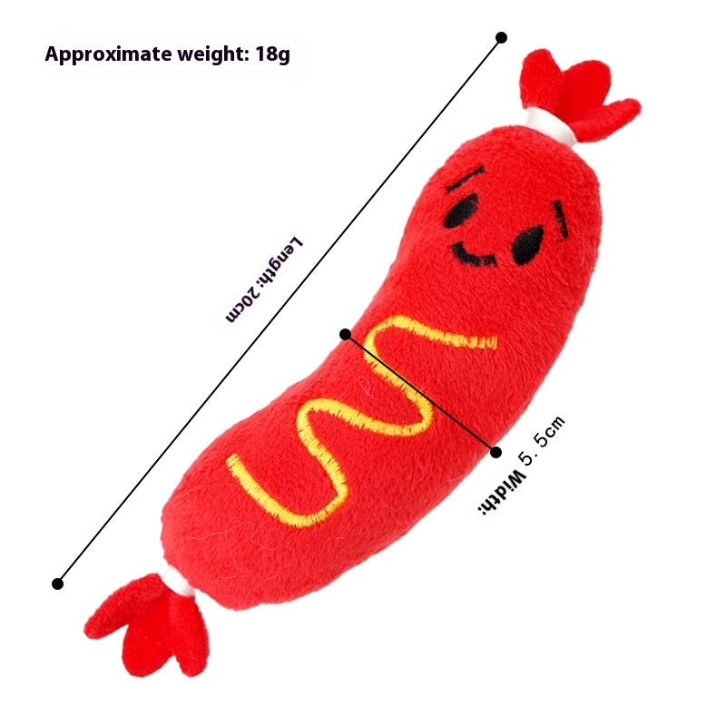 Red plush hot-dog toy with approx 18g weight and size measurement marks