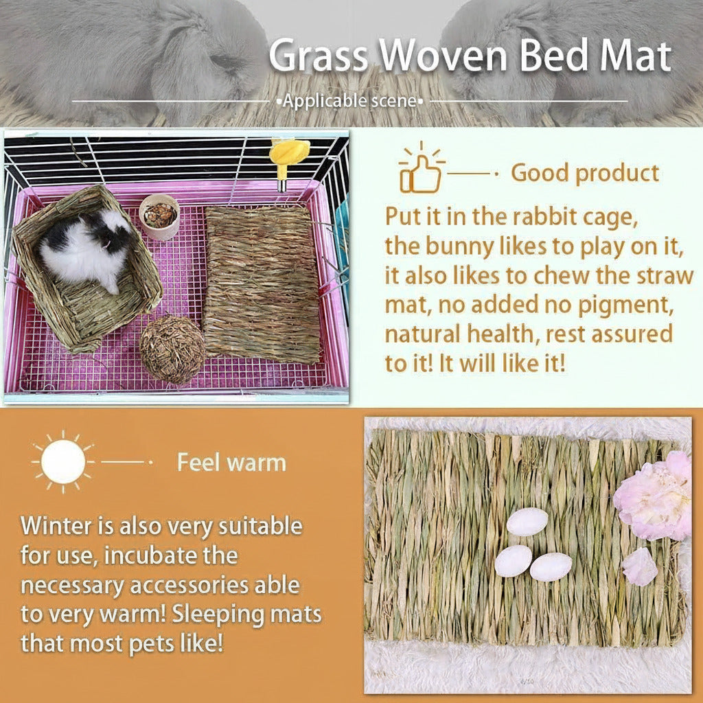 Grass woven bed mat with thick straw texture, rectangular pet bedding