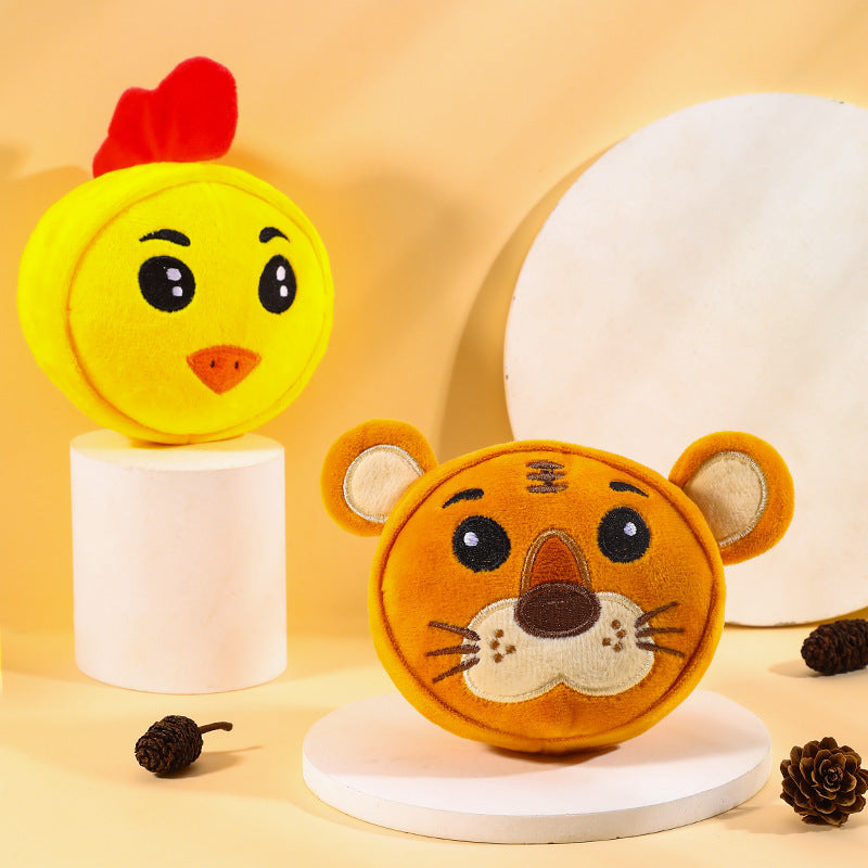 Yellow chick-faced bite-resistant teething plush toy with red beak and upright comb