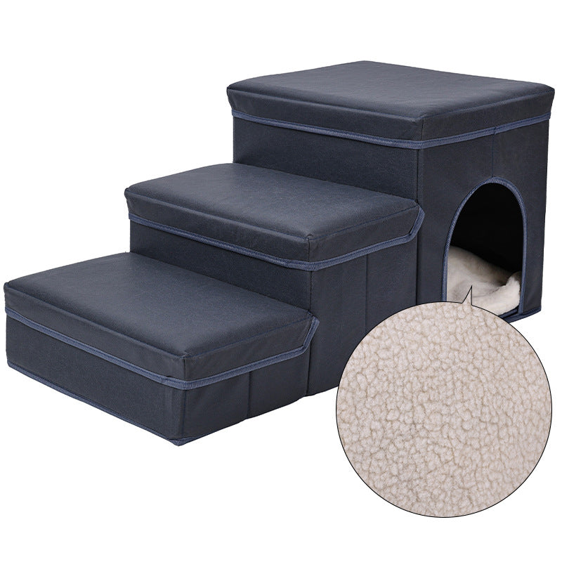 Dark blue padded dog stairs with three steps and a side cave bed, round side pad