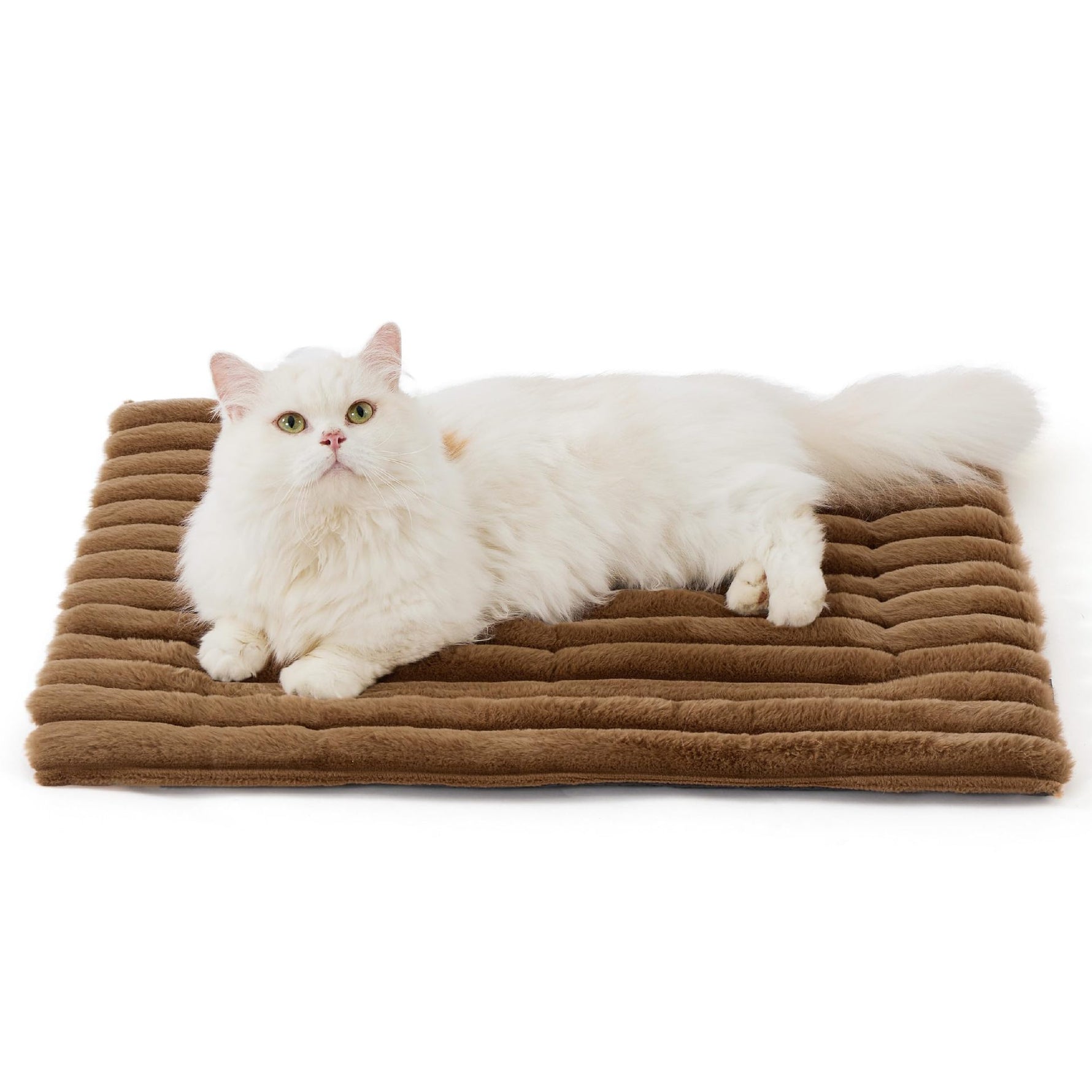 Brown faux rabbit fur pet mat with wavy ridges and low front edge, cat resting on top.