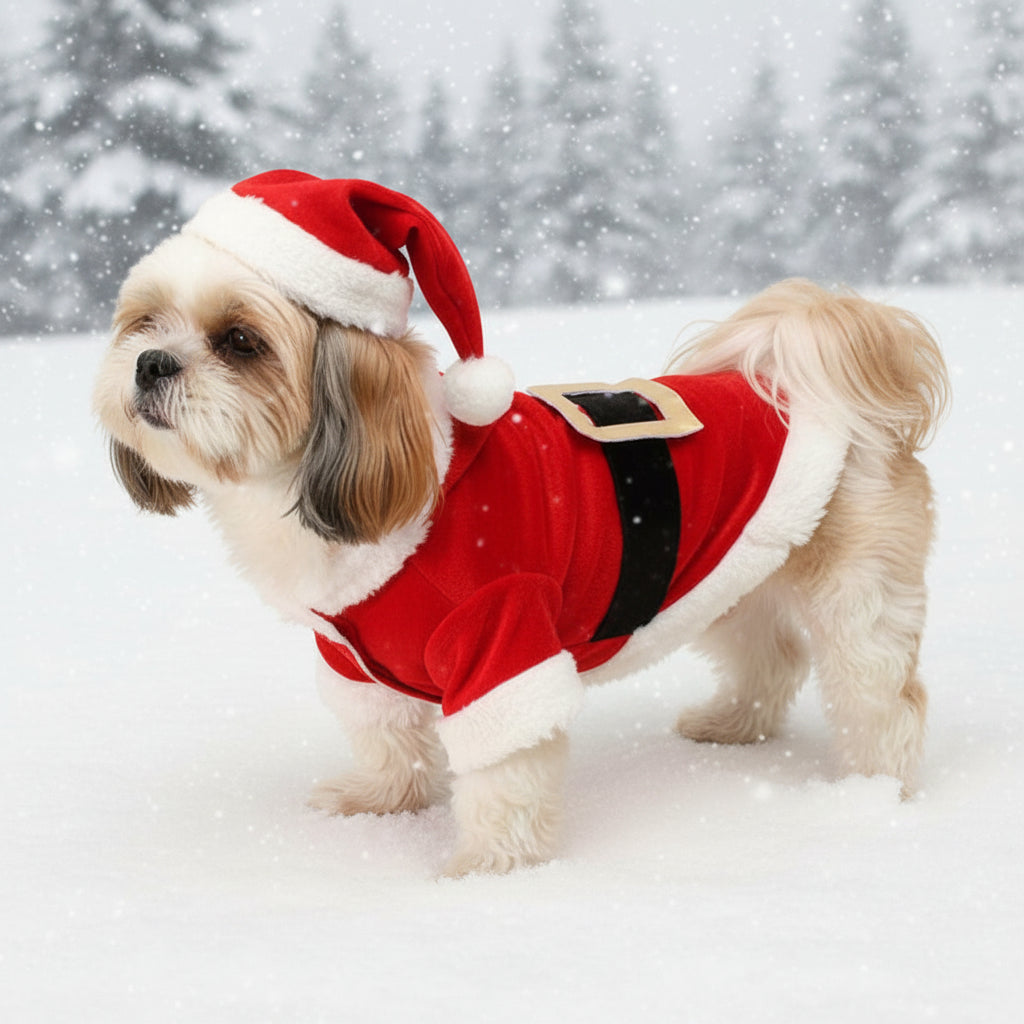 Christmas dog sweater, red with white fur trim and black belt with gold buckle