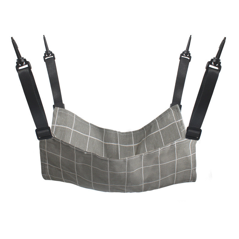 Cat hanging hammock bed with black straps, gray grid-pattern cushion