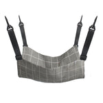Cat hanging hammock bed with black straps, gray grid-pattern cushion