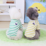 Small dog t-shirt, green and white stripes with bear graphic, dog sitting side view