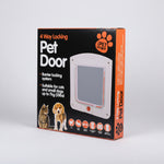 Pet door retail box showing white two-way door window and red paw logo