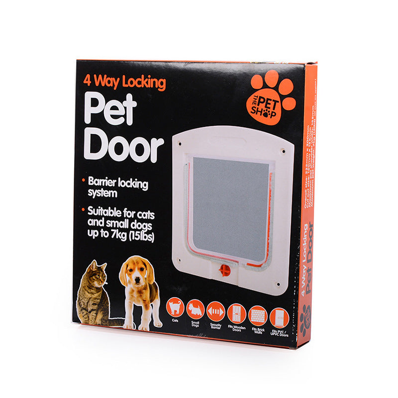 Pet door packaging box showing white door with 4-way locking